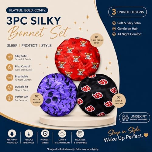 3 PCS Satin Bonnet Set for Women & Men, Silky Sleep Caps for Hair Protection, Adjustable Elastic Bonnet (A6) - Image 2