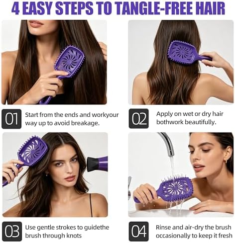 Detangler Hair Brush, Vented Paddle Brush for Wet Dry Hair, Pain-Free for Curly Straight Thick Fine Hair, Women Men Kids (Purple) - Image 3