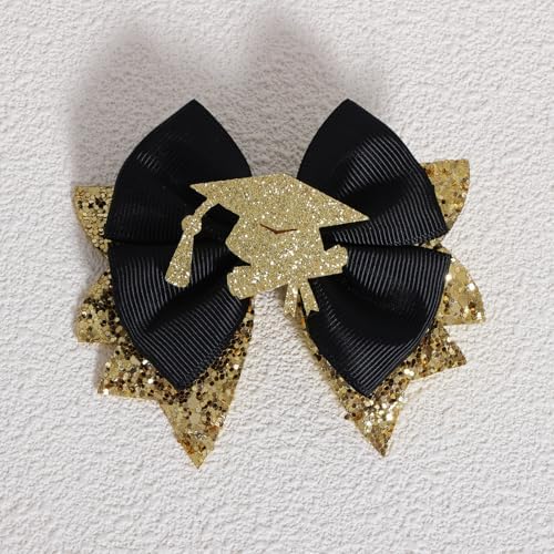 2PCS Graduation Hair Bows for Girls 3.5" Glitter Gold Black Happy Graduation Cap Ribbon Bow Alligator Barrettes for Students Teachers Week Gift Cheer Party School Uniform Accessory - Image 6
