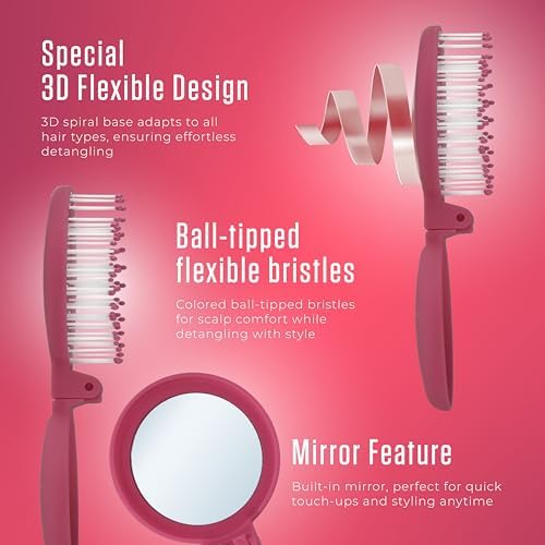 Mini Detangler Travel Hair Brush with Mirror, Makaron Hair Brushes for Women, Men and Kids, Unique 3D Flexible Design for All Hair Types, Styling Accessory, Travel Essentials for Women (DARK PINK) - Image 2