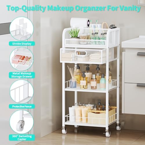 HapiRm Makeup Organizer Storage Cart - Floor Skincare Make Up Organizers with 4 Drawers, Rolling Makeup Cart Vanity Organizer Cosmetics Display Cases Holder for Skin Care Nail Polish White+Wood - Image 4