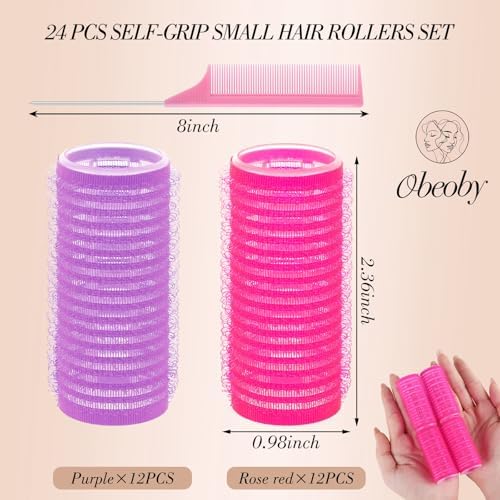 24 Pcs Self-Grip Small Hair Rollers Curlers Set, 25 mm, Rose Red and Purple - Image 2