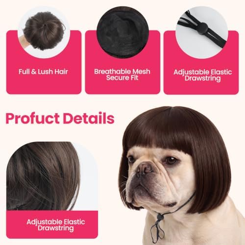 Funny Dog Wig, Short Straight Hair Pet Costume with Bangs for Halloween - Image 3