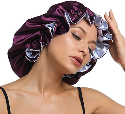 SENGTERM Women Large Satin Bonnet Adjustable Silky Sleep Cap Hair Bonnet Double Layered Reversible for Curly,Natural Hair (XL-ADULT, XL Purple-Lilac) - Image 3