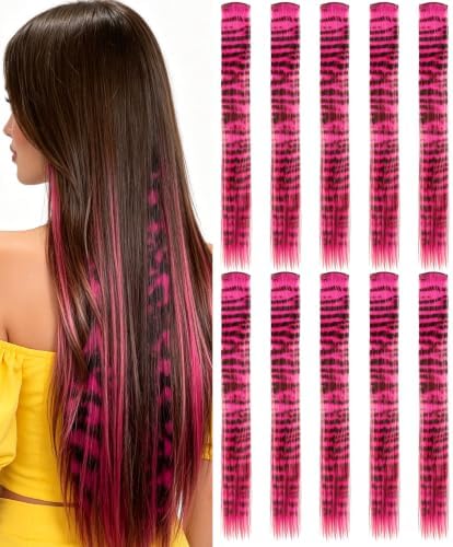 10 Pcs Pink Hair Extensions, Raccoon Tail Striped Hair Accessories 22 Inch by Olldag