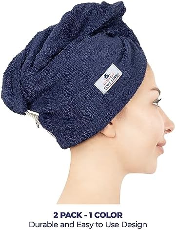 American Soft Linen 100% Cotton Hair Towels for Women, Head Towel Cap, Cotton Hair Turban Towel Wrap for Long Curly Anti Frizz Hair, Soft and Absorbent Cotton Hair Towels 2 Pack, Navy Blue - Image 2