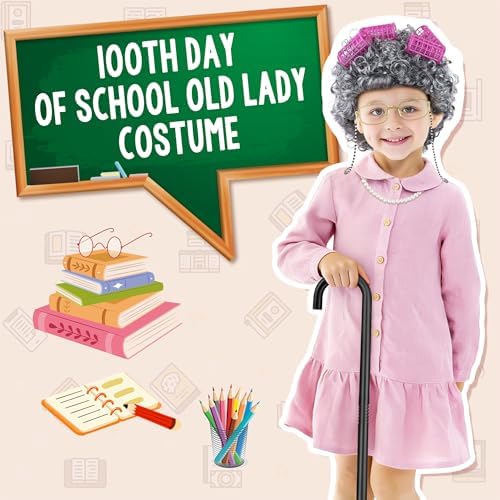 Old Lady Wig Costume for Girls, 100 Days of School Costume Grandma Granny Costumes with Curly Grey Wig Glasses Cane for Girls for Cosplay - Image 5