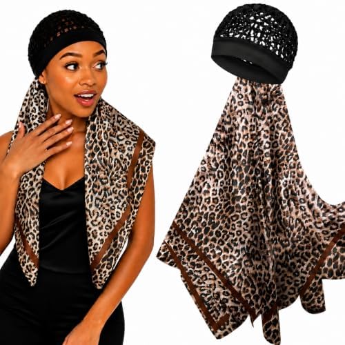 2 in 1 Wrap Cap Hair Net and Scarf for Silk Press, Satin Wrap Cap Bonnet for Women, Adjustable Stay-On Sleep Hair Net Scarf for All Hair Types by BQSAR