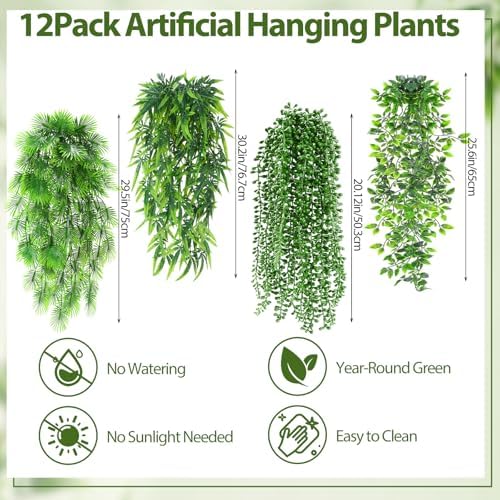 Daifunli 12 Pcs Artificial Hanging Plants Fake Hanging Ferns Plastic Fake Plant for Wall Room Garden Garland Indoor Outdoor Decor No Basket (Palm,Mandala,String of Pearls,Maple Leaf) - Image 2