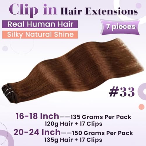 LaaVoo Clip On Extensions Human Hair, Long Full Head Auburn, 22 Inch - Image 2