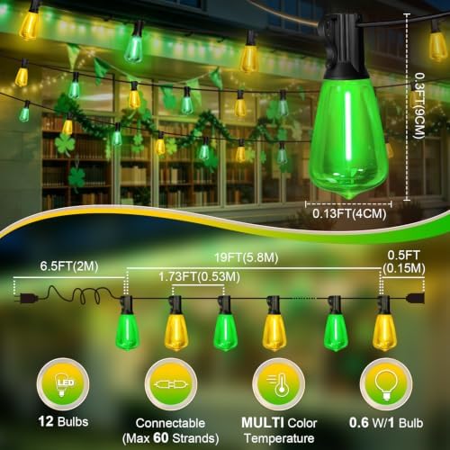 LAMPHOME 26FT ST38 Green Yellow Outdoor String Lights, 12+1 Shatterproof Vintage Edison LED Patio Lights, Waterproof End-to-End Connectable Bistro Lights for Halloween, Christmas, Party, Yard Decor - Image 3