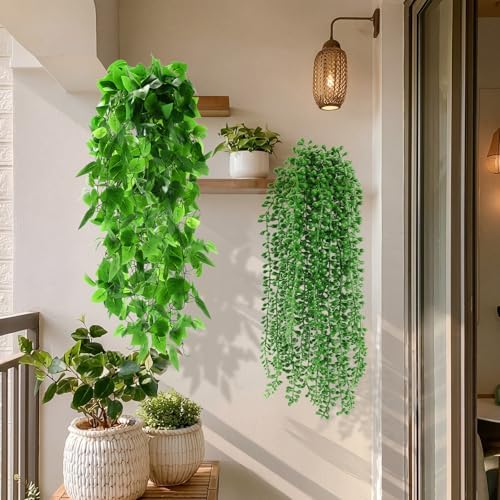 Daifunli 4 Pcs Artificial Hanging Plants Fake Hanging Ferns Plastic Fake Plant for Wall Room Garden Garland Indoor Outdoor Decor No Basket (Boston,Eucalyptus,Ivy Vine,String of Pearls) - Image 4