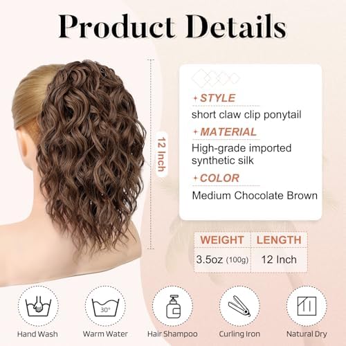 Flufymooz Ponytail Extension, 12" Short Claw Ponytail Extension Wavy Curly Jaw Clip in Pony tails Hair Extension Natural Synthetic Hairpiece for Women (Medium Auburn Brown) - Image 3