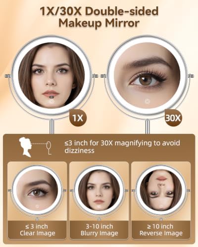 9" Lighted Makeup Mirror with Light,30X Magnifying Height Adjustable Mirror - Image 4