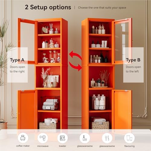 YAUWOH 2-Door Metal Storage Cabinet, Tall Slim Pantry Organizer with 3 Adjustable Shelves (120LBS/Shelf), Anti-Tipping Waterproof Cabinet for Bathroom/Kitchen/Home Office/Small Spaces,(1PC,Orange) - Image 6