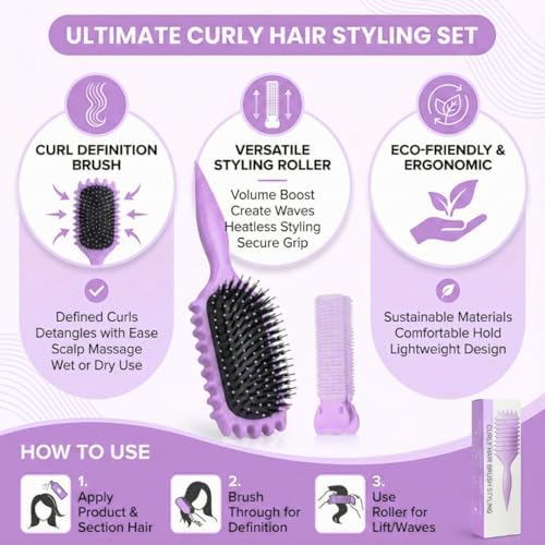 Curl Defining Brush with Hair Clip for Wet Curly Hair, Purple Detangling Curly Hair Brush for Frizz Control & Defined Curls, Bewelio Bounce Curl Brush - Image 4