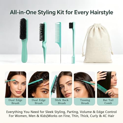 4Pcs Beech Wood Boar Bristle Slick Back Hair Brush Set with Gift Bag, Edge Brush, Teasing Brush & Rat Tail Comb, Smooth Frizz Flyaways Ponytails Buns & Baby Hair Edges Styling Tools for Women Men Kids - Image 4