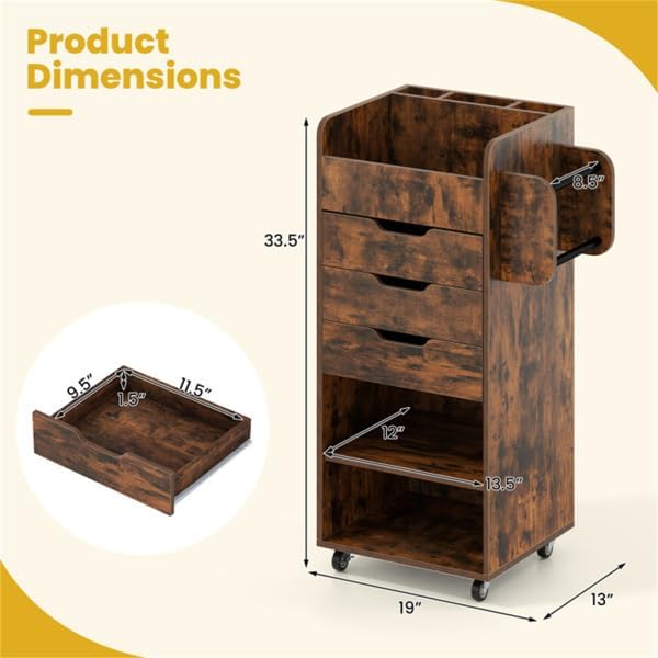 Mobile Hair Salon Storage Cart with Lockable Wheels, 3 Drawers, Divided Top Storage & Side Hanging Rack, Rolling Beauty Trolley for Hair Stylist Hairdresser (Style B) - Image 3