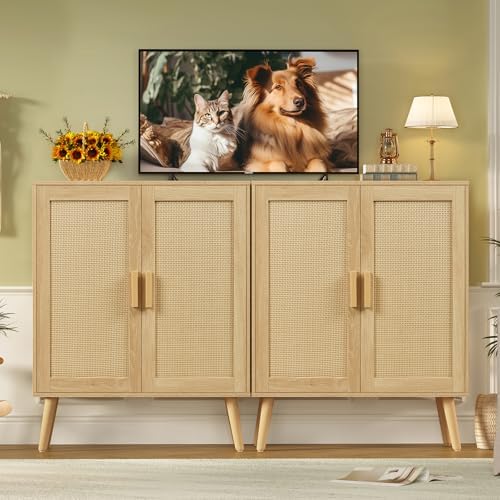 Iwell Storage Cabinet with 2 Shelves, Rattan Cabinet with 2 Doors, Sideboard Buffet Cabinets with Storage for Living Room, Dining Room, Entryway, Natural - Image 4