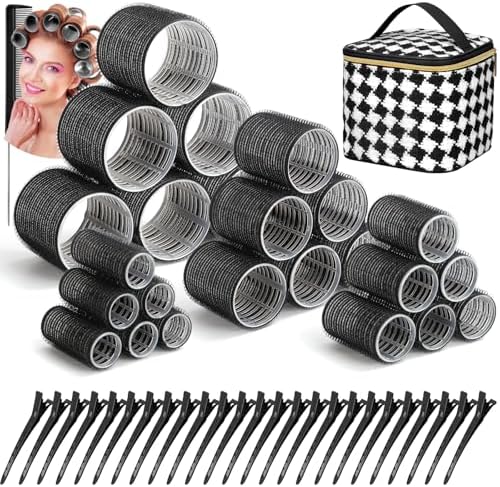 50Pcs Rollers Hair Curlers Self Grip Hair Rollers Set with 24Pcs Hair Rollers in 4 Sizes, 24 Pcs Clips and Cosmetic Bag for Blowout Look Long Medium Thick Hair Volume by Tidponra