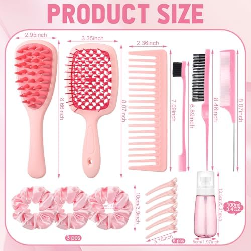 auroray 16 Pcs Pink Hair Brush Set for Women Girls - Scalp Scrubber with Handle, Detangle Hair Brush, Spray Bottle, Edge Bristles Wide Tooth Brushes Rat Tail Comb for Travel Home Use Hair Stuff - Image 5