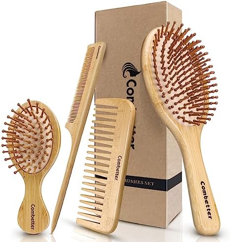 Bamboo Hair Brush and Comb Set for Hair Growth & Scalp Massager by Combetter