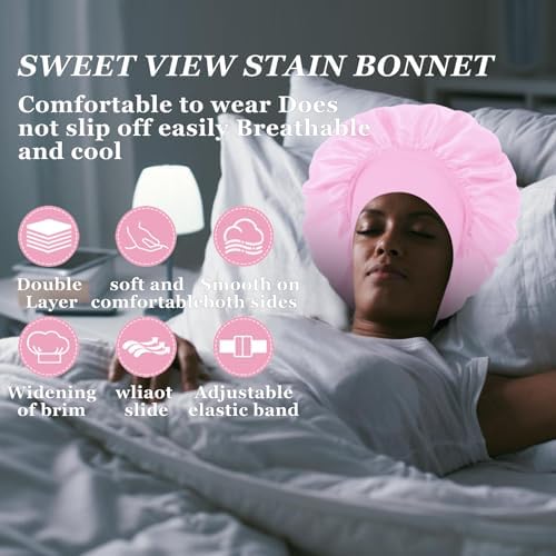 4PCS Satin Hair Bonnet for Sleeping,Bonnets for Black Women Men,Silk Bonnet for Sleeping,Hair Wrap Cap for Curly Hair,Elastic Wide Band Hair Bonnet Shower Cap (Black & Blue & Pink & Purple) - Image 6