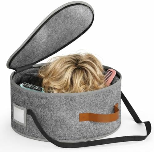 Large Capacity Wig Storage Box - Hair Extension & Hairpiece Travel Carrying Case, Makeup Tool Organizer for Wigs, Styling Heads & Accessories, 16" L x 7" H (Grey) by BEMAXYE