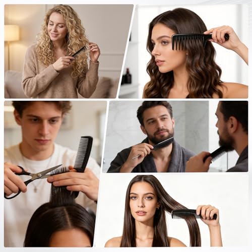 5PCS Hair Comb Set - Professional Wide & Fine Tooth Rat Tail Combs for Men Women，Carbon Fiber Comb for Hair Cutting Styling Braiding Parting Teasing Tools(Black) - Image 5