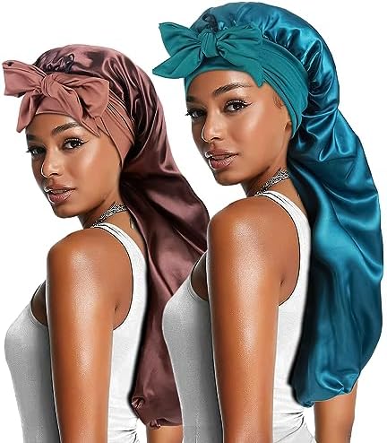 2pcs Long Satin Bonnets with Tie Band, Large Braid Bonnet Silky Hair Cap for Locs Women Sleeping, H by Heniho