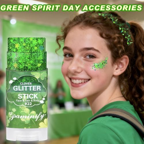 Shamrock Green Face Hair Glitter Stick,Holographic Clover Body Glitter Stick,Green Spirit Accessories for Sport Game Day,Waterproof Halloween Glitter Makeup,St Patricks Day Accessories - Image 6