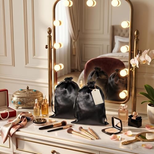 JIEYAO 6 Pieces Wig Bags with Satin Drawstring, Black Silk Wig Storage Bags Storage for Wigs Extension Bundle(Black) - Image 7