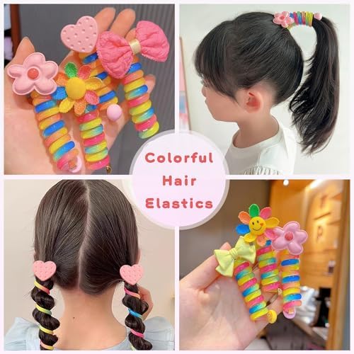 YONOY Colorful Telephone Wire Hair Bands for Kids, 7 Pcs Bowknot Braided Spiral Hair Ties, Ponytail Cord Hair Ties for Girls, No Damage Hair Elastics - Image 3