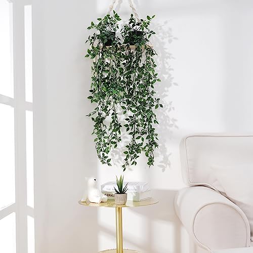 BLEUM CADE Fake Hanging Plants, 2pcs Artificial Hanging Potted Plant, Faux Mandala Vines Hanging Plant Greenery for Wall Shelf Home Living Room Indoor Outdoor Decor - Image 4