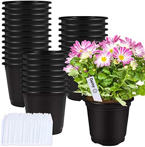 Augshy 50 Pcs 0.5 Gallon Black Plastic Plant Nursery Pots 6 Inches Seed Starting Pots Containers with 50 Labels by Augshy
