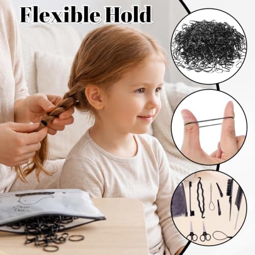 1000 Black Hair Rubber Bands with 10 Styling Tools, Small Elastic Ties - Image 4