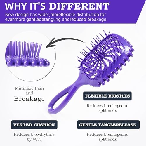 Detangler Hair Brush, Vented Paddle Brush for Wet Dry Hair, Pain-Free for Curly Straight Thick Fine Hair, Women Men Kids (Purple) - Image 2