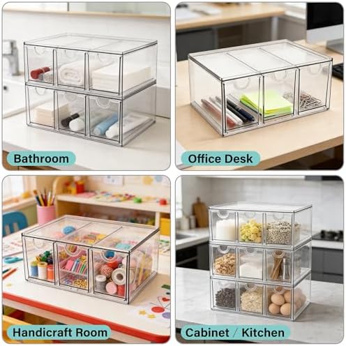 Prsildan Acrylic Makeup Organizer Stackable Storage Drawers with 3 Drawers for Office Desk Vanity Craft Room Clear Drawer Organizers for Hair Accessories Art Supplies Cosmetics Modular System - Image 4