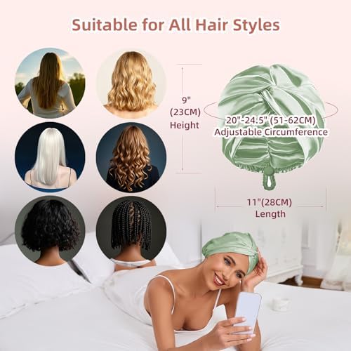 Adjustable Silk Satin Hair Bonnet for Sleeping Women, Double Layer, Silk Hair Wrap for Sleeping Women Men, Curly Natural Braid Straight Unisex - Green - Image 6
