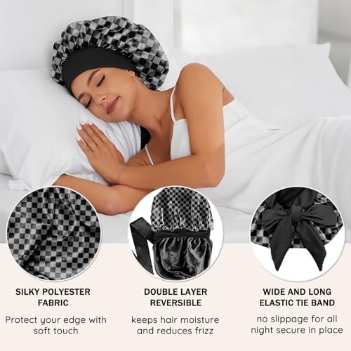 Satin Hair Braid Bonnet for Sleeping Double Layer Elastic Wide Soft Tie Band Hair Silk Lined Sleep Cap Women Girls - Image 3