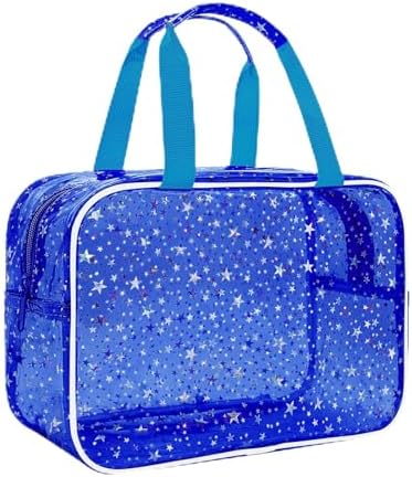 Clear Deep Blue Star Large Makeup Bag with Star Pattern (12x5x8 inches), Travel Cosmetic Bag with Handle, Durable PVC Material, Zipper Opening Design—Ideal for Makeup Travel Organization or Gym Use by junesters