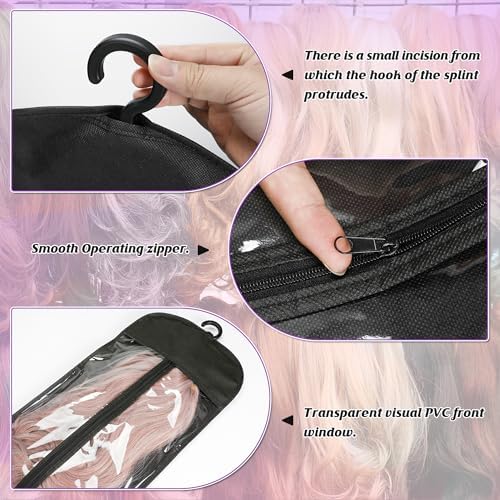 KOLLIEE 6 Pcs Wig Bags Storage with Wig Hanger Dust-proof for Multiple Wigs Hanging Storage Bags Organizer Foldable Easy Carry Suitable for Home Travel Hair Salon Black - Image 6