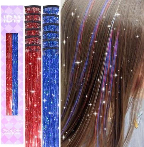 IDN BEAUTY Hair Tinsel Clip In Mixed Red Treasure Blue Sparkle Hair Extensions 24 Inch 12pcs by IDNBEAUTY