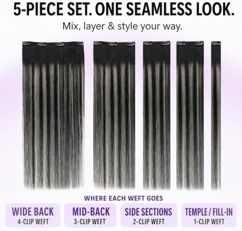 LaaVoo Clip in Hair Extension Ombre Off Black to Black Mix Silver 5pcs - Image 5