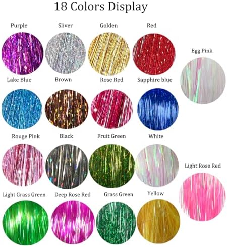 Hair Tinsel 50Inch 18 Colors 3600 Strands Glitter Tinsel Hair Extensions Sparkly Shiny Fairy Hair for Kids Women(Mixed 18 colors, 50Inch 18Packs) - Image 3