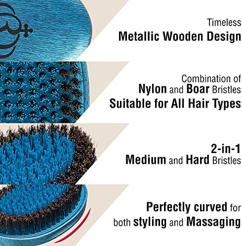 RED Premium Boar Bristles Brush with Case Pocket Wave Bow Wow 360 Wave Tool for Men Curved Hard (Blue) - Image 5