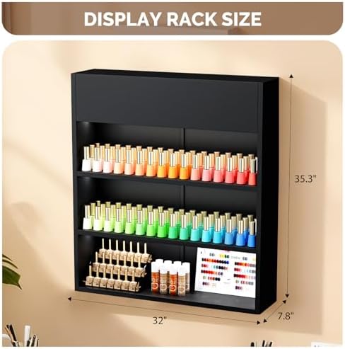 OmySalon Wall Mounted Display Rack, 32-Inch 3-Tier LED Nail Polish Organizer Shelf with USB Touch Control, for Nail Salon, Spa, Beauty Studio Storage, Wooden Retail Display (Black) - Image 3