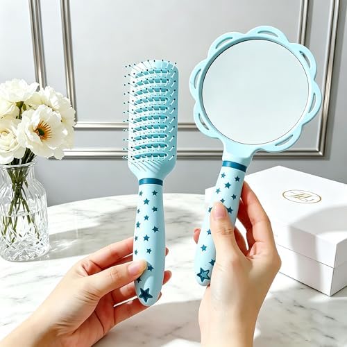 4 Pieces Hair Brush Set Detangling Hair Brush Hair Comb Set For Women Girls Gifts Cute Shaped Hair Combs Hair Brushes Handheld Mirror Sets Massage HairBrush with Air Cushion For Wet Dry Hair (Blue) - Image 5