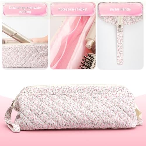 Quilted Hair Tool Travel Bag, Shark Flex Style Travel Case For Dyson Hair Dryer Airwrap Bag, Curling Iron Bags Quilted For Shark Dyson Revlon Organizer Accessories - Pink Floral - Image 5