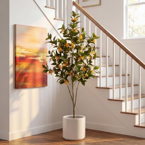 Daifunli 5ft Artificial Flower Tree Indoor Faux Osmanthus Tree Realistic Osmanthus Plants in Pot with Orange Flowers Lifelike Fake Floor Plant for Indoor Outdoor Home Living Room Office Wedding - Image 3